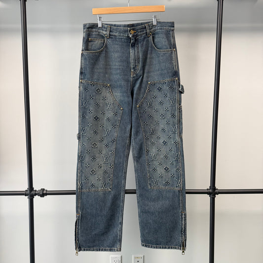 Louis Vuitton Monogram Embossed Double Knee Carpenter Denim "Blue" - 36