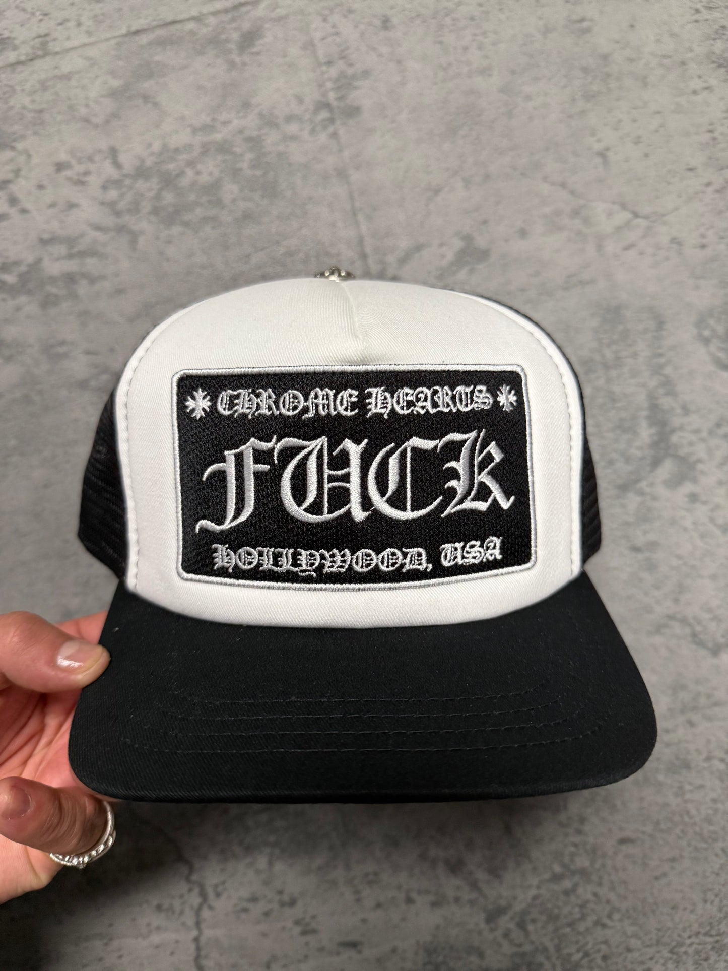 Chrome Hearts “Fuck” Hollywood Trucker - White