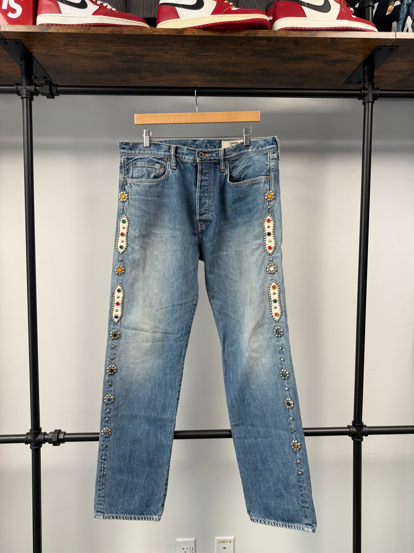 Kapital Monkey Cisco Straight-Leg Leather-Trimmed Embellished Jeans - 36