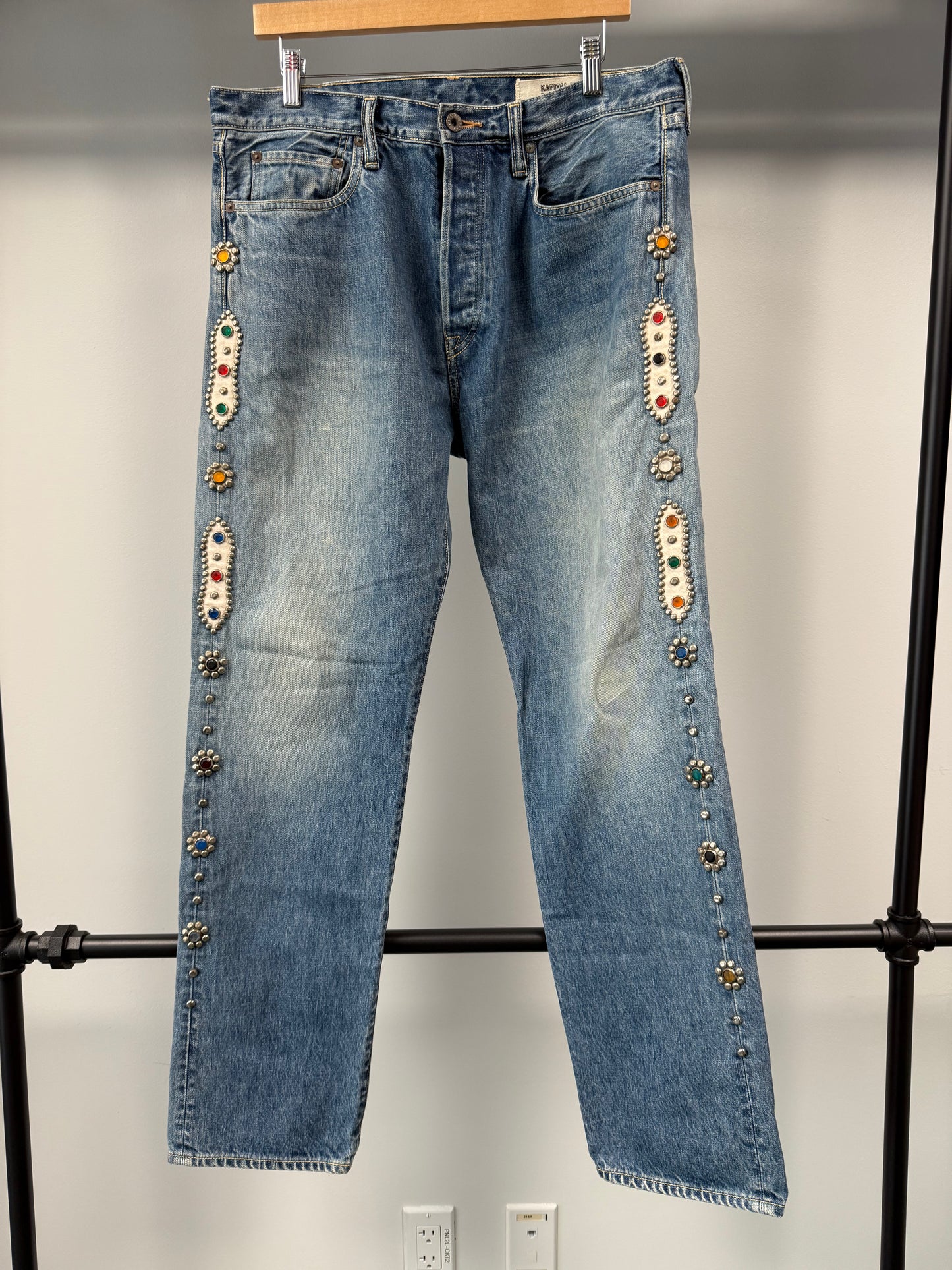 Kapital Monkey Cisco Straight-Leg Leather-Trimmed Embellished Jeans - 36
