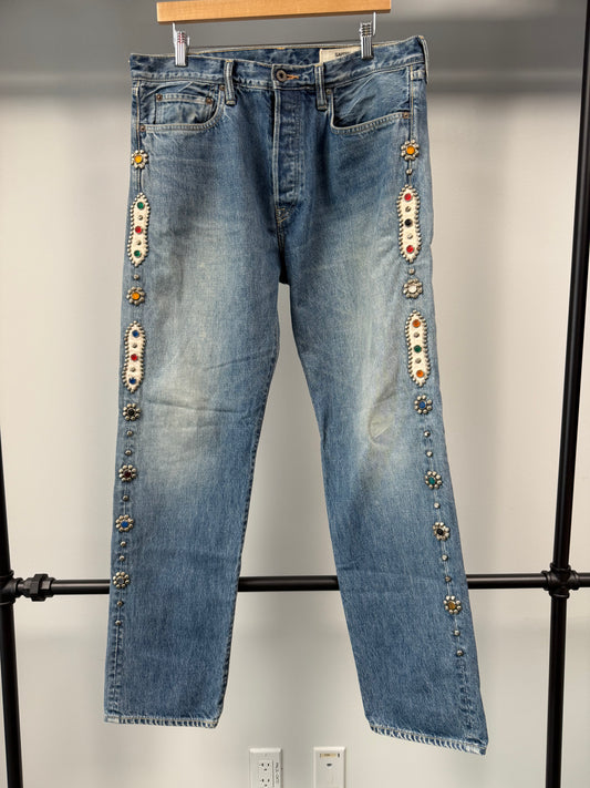 Kapital Monkey Cisco Straight-Leg Leather-Trimmed Embellished Jeans - 36