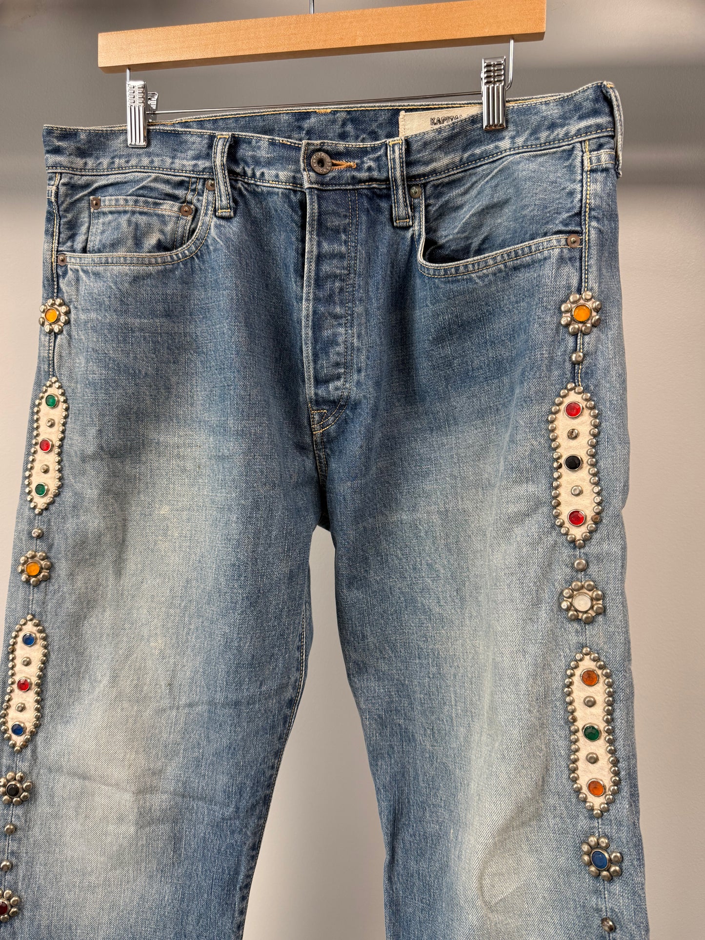 Kapital Monkey Cisco Straight-Leg Leather-Trimmed Embellished Jeans - 36