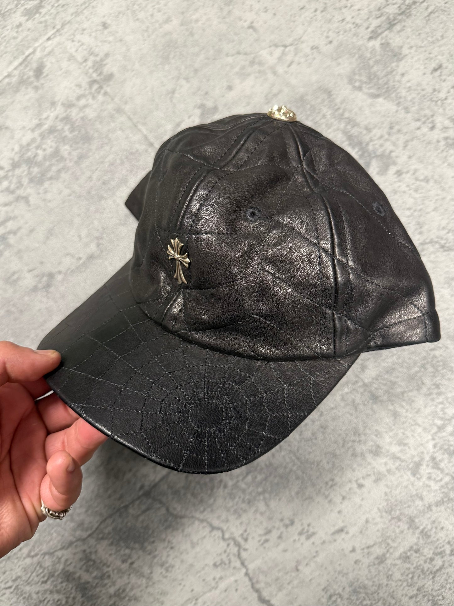 Chrome Hearts Cross Embellished Spiderweb Leather Hat - OS