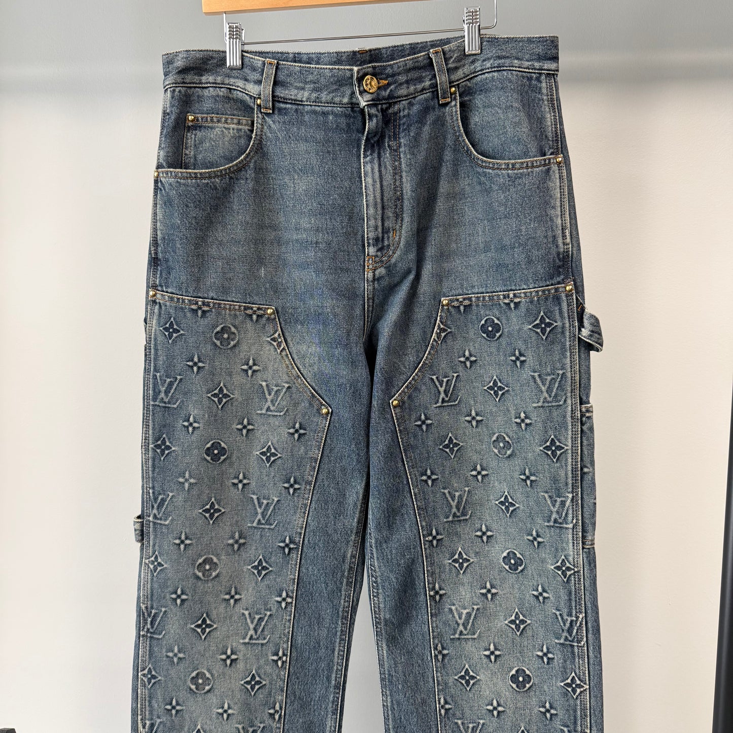 Louis Vuitton Monogram Embossed Double Knee Carpenter Denim "Blue" - 36