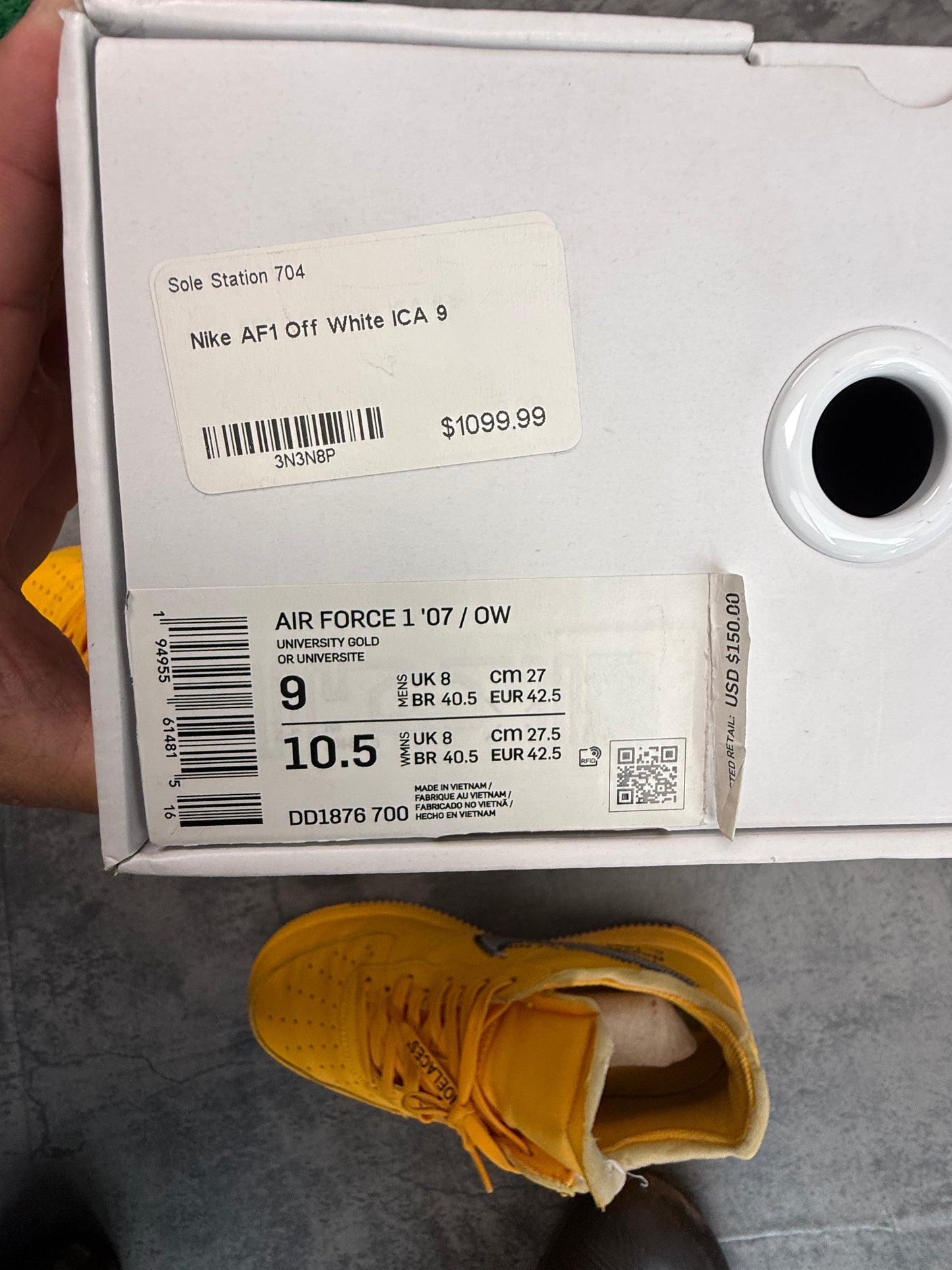 Nike Air Force 1 Low Off-White ICA University Gold - 9US